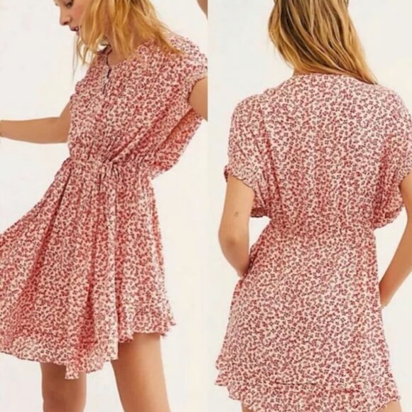 Free People Dresses & Skirts - Free People Dress XSmall One Fine Day Red Floral Pleated Boho Peasant Oversized